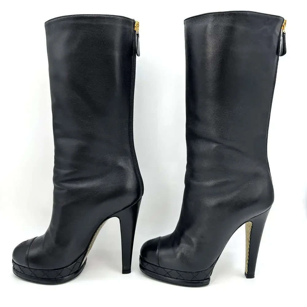 CHANEL Black Leather CC Cap Toe Quilter Platform Heel Boots IT 36